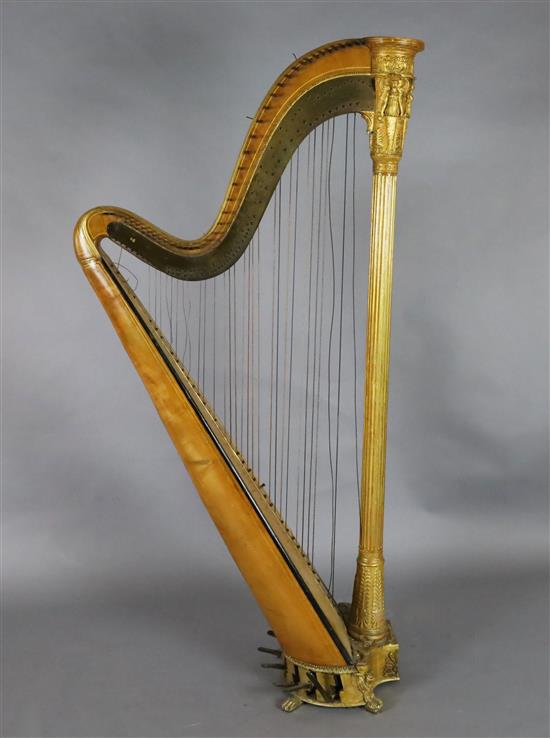 An early Victorian gothic design double action Sebastien Erard giltwood and gesso harp, height 67.5in.